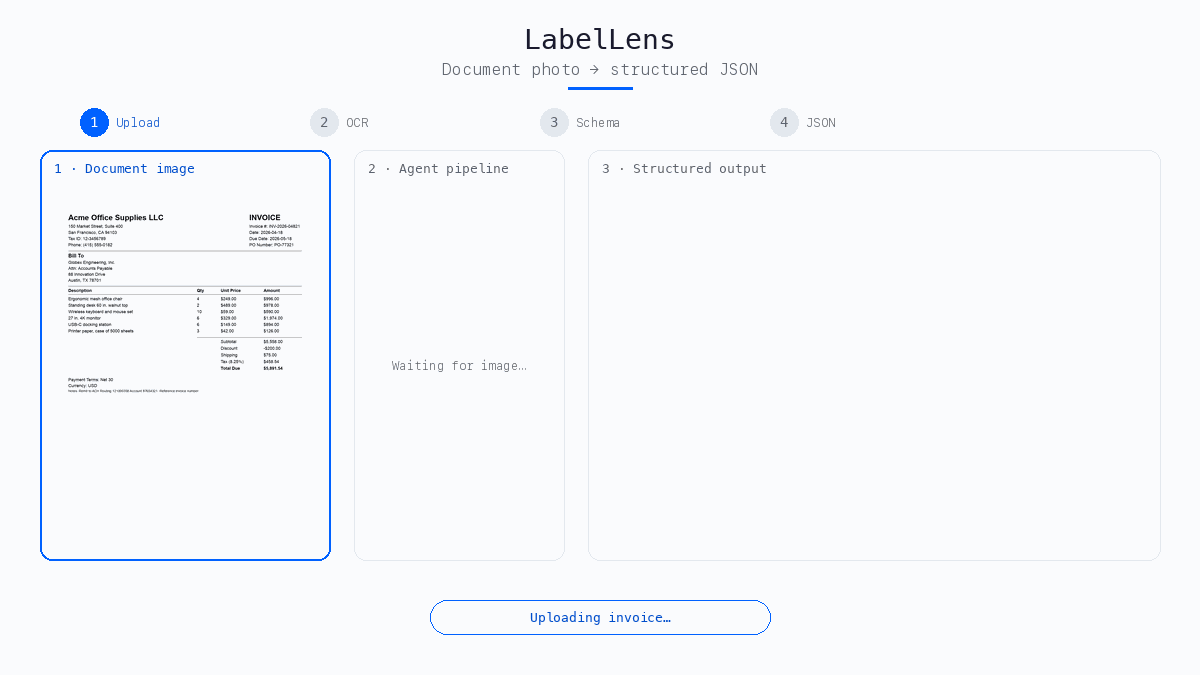 Animated demo of LabelLens extracting structured JSON fields from a document photo using OCR and an AI agent